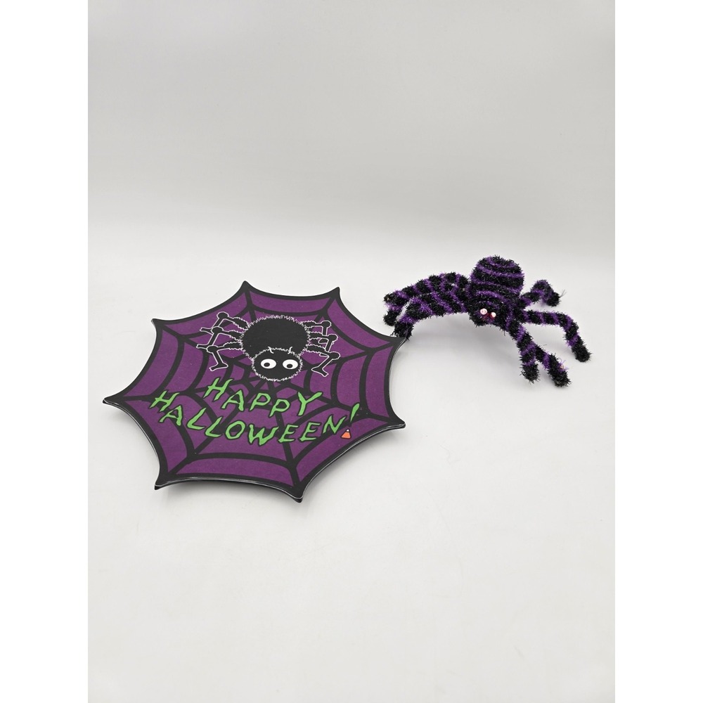 Vintage Halloween Spider Melamine Plate With‎ Bonus Purple Spider Decoration